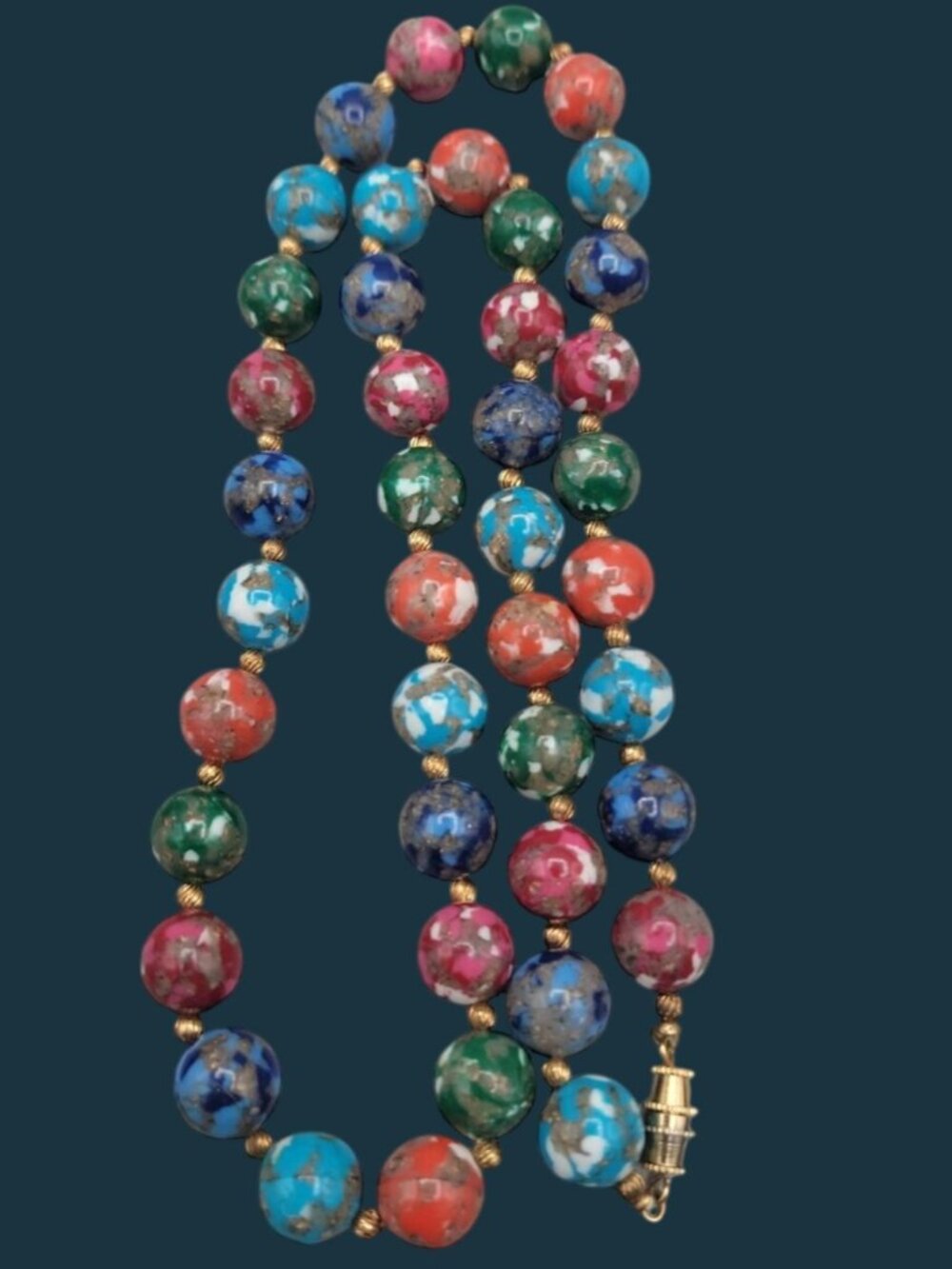 Vintage Murano Glass Bead Necklace Multicolor Mosaic Aventurine 11.5mm Beads 24" - Picture 9 of 9